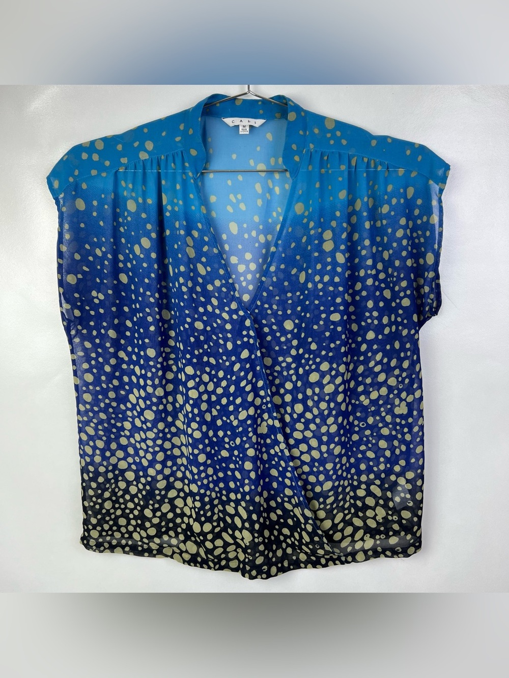 Cabi Women Blue Gold ombre Surplice Sheer Bubbles Blouse Top Size M